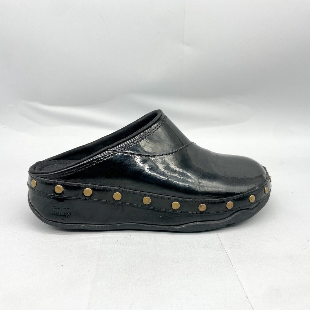 FitFlop Gogh Stud Womens 6 Black Patent Leather Clogs Mules Slip On Comfort Shoe
